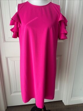 London Times Hot Pink Ruffle Sleeve Midi Dress